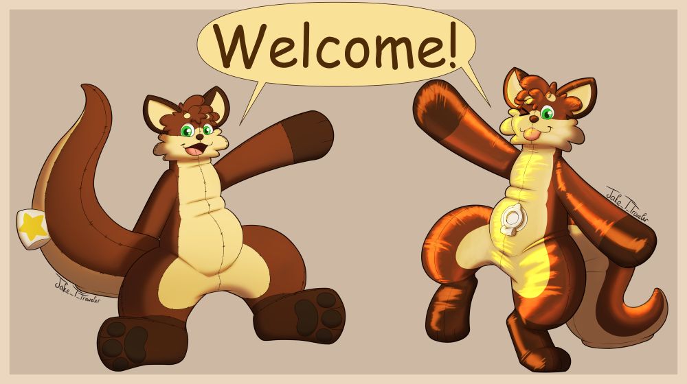 A plush Fitch and pooltoy Fitch waving at the viewer and saying "Welcome!"