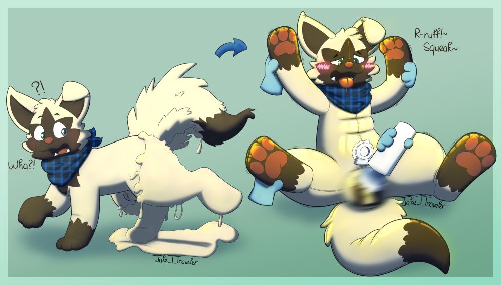 Panel 1: Sami the Poochyena stepped on some goo and it creeps on his legs and tail. Panel 2: Sami, now a newly transformed pooltoy, getting his nullge buzzed by the ghost hands holding a wand, moaning and panting. uwu