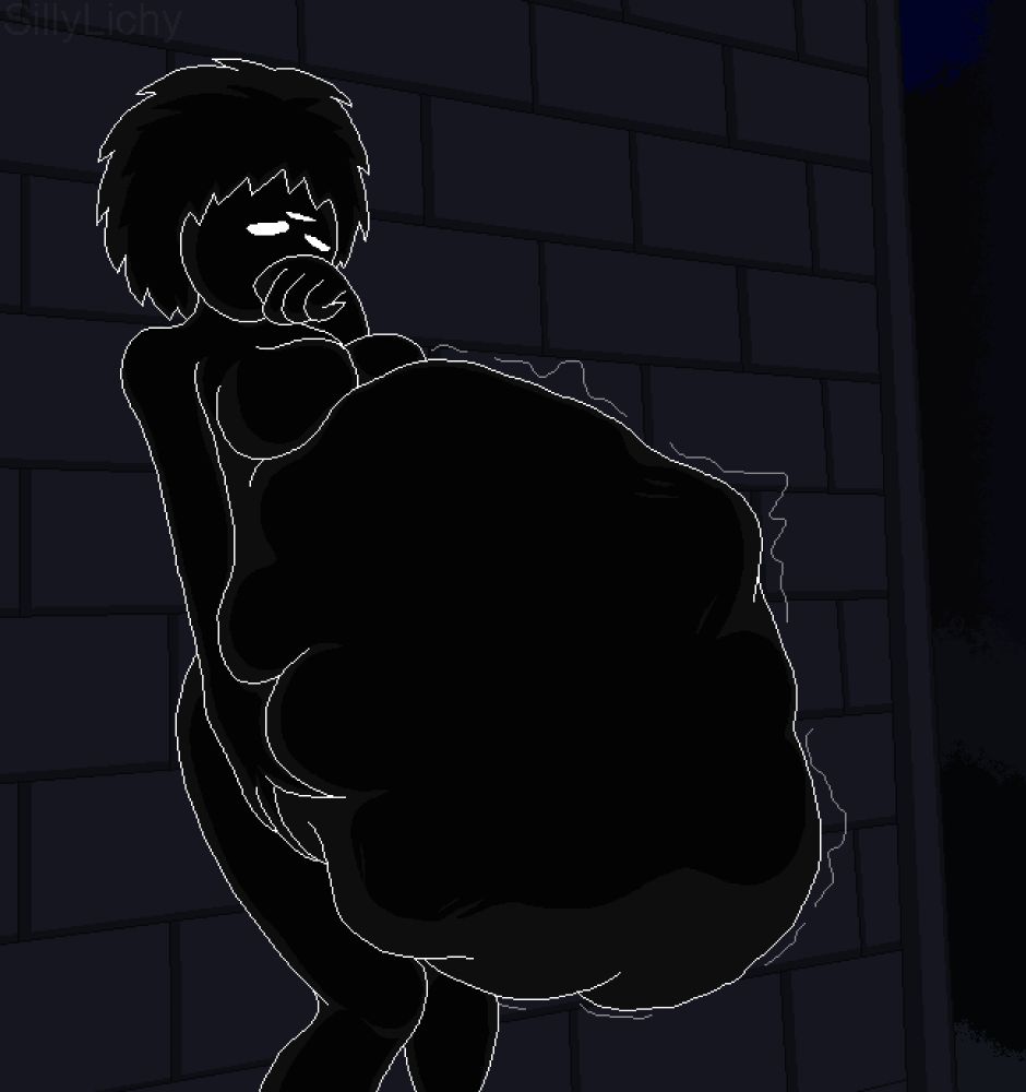A vore themed art of Subject #082 leaning against a wall in an alley as they hold their swolen belly that likely contains a human inside, who seems to be struggling inside the creature's stomach. The creature's other hand is covering their mouth as if trying to muffle any sound that may come off there, their three eyes twitchy from the intense sensation they're feeling