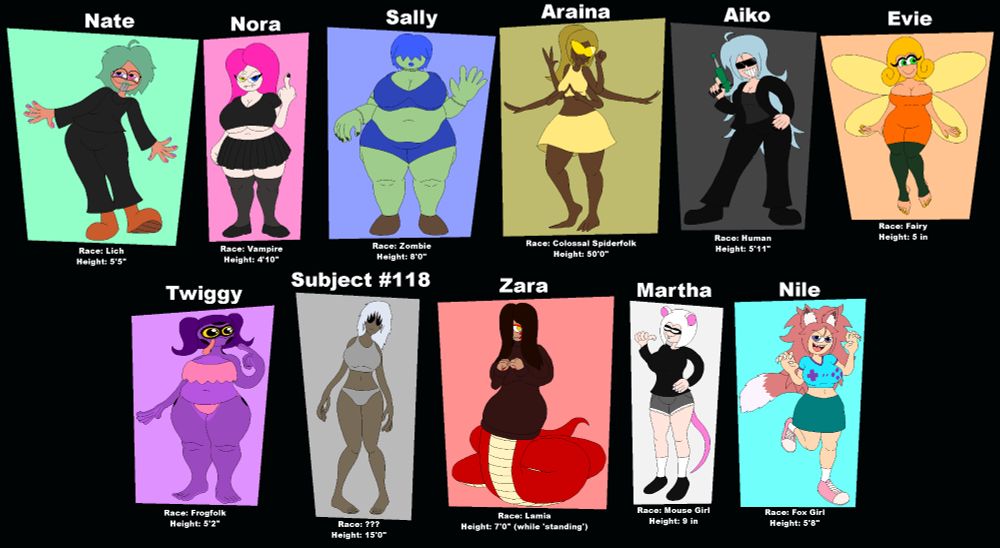 A flat piece featuring the following:
- Nate, the silly lich (not like me) who is friendly but rather quirky and mysterious at most;
- Nora, the grumpy and bratty vampire shortstack;
- Sally, the big chubby n gentle zombie;
- Araina, the giant spider gal who is either playful or sadistic, loving to be scary;
- Aiko, the cool human gal wielding a shrinking ray gun, has a thing for keeping valuables inside her for safekeeping until getting home;
- Evie, the tiny n cheerful fairy who tends to be cheeky;
- Twiggy, the purple frog gal with like 0 intelligence and lots of appetite;
- Subject #118, some big n weird creature escaped out of a lab with an insatiable hunger;
- Zara, a shy and anxious lamia with a clingy and lustful side (her hungry lamia intincts also tend to kick in);
- Martha, a tiny rat girl who has a sassy and confident personality, but never succeeds at her thieving work. Very greedy n selfish, nobody likes Martha;
- Nile, a playful and energetic fox girl with magic abilities and love for gaming and pizza.