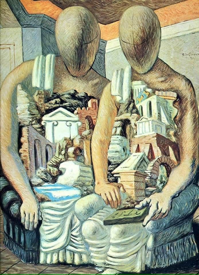 This painting depicts two mannequin-like figures with classical architectural elements and ruins within their bodies, symbolizing the connection between humanity and ancient history

De Chirico often used mannequins in his works as alter egos, representing figures like poets, philosophers, or archaeologists, and often in pairs

The painting's composition and muted color palette contribute to its enigmatic and timeless quality, inviting contemplation on the past and the nature of discovery