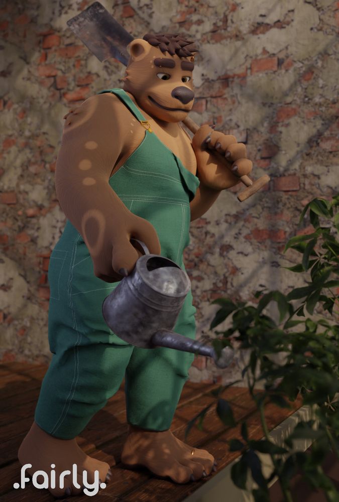 A cute bear watering some plants