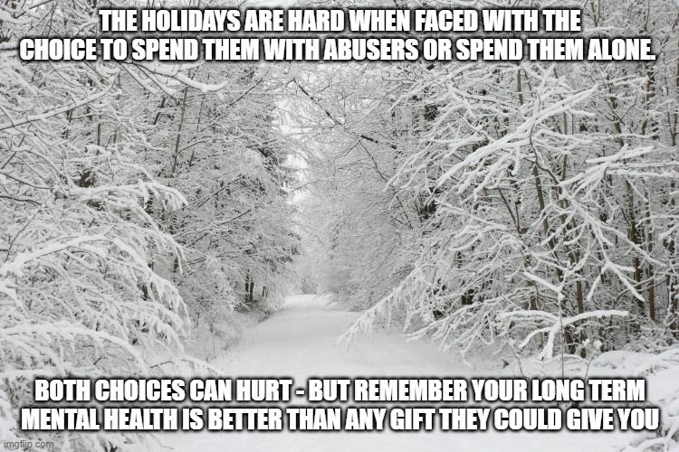 A snowy scene in the woods, over laid with the following text: 

The holidays are hard when faced with the choice to spend them with abusers or spend them alone.

Both choices can hurt - but remember your long term mental health is better than any gift they could give you