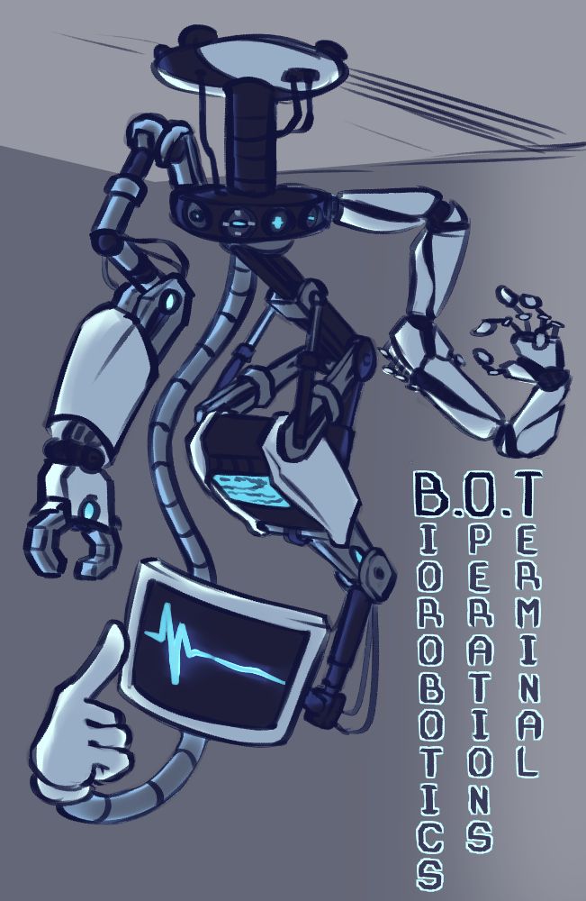 A digital sketch of a robot character. It's drawn dangling from a rail on the ceiling. text on the image reads: Biorobotics operations terminal. The words are lined up so that the first letter of each spell out B.O.T.