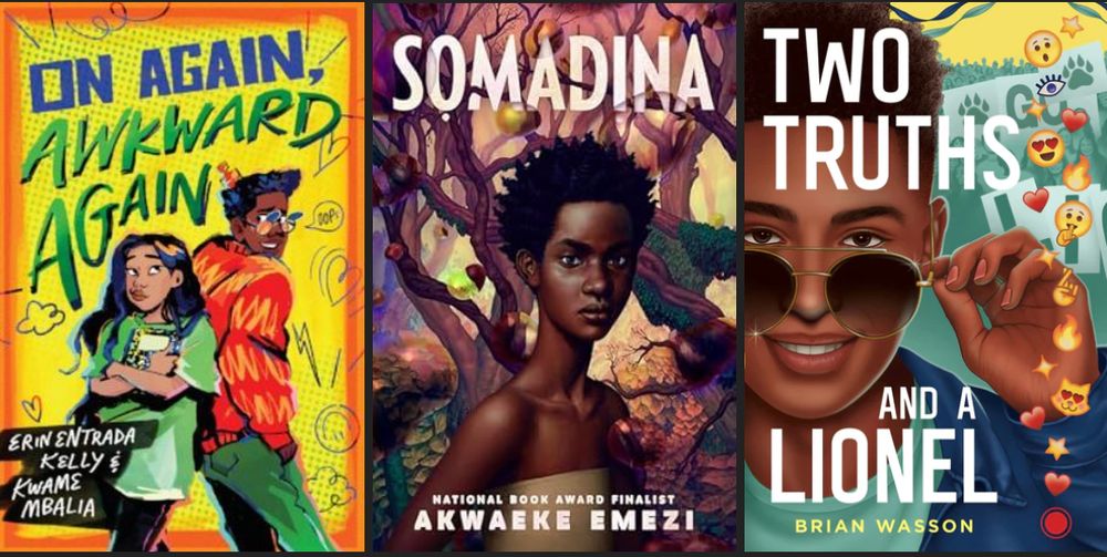 Book covers for On Again Awkward Again, Somadina, and Two Truths and a Lionel. 