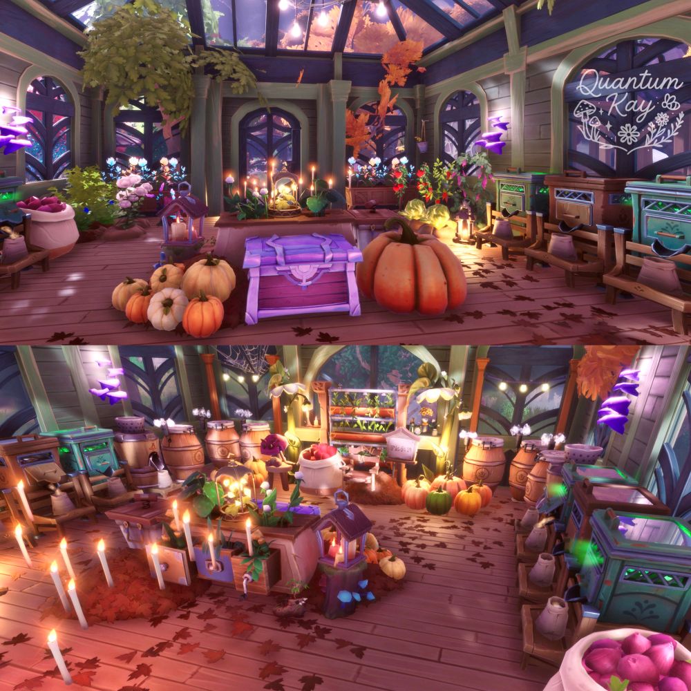 my greenhouse in palia, complete with preserve jars, seed makers, worm farms, and a cozy place to grow plants and veggies 