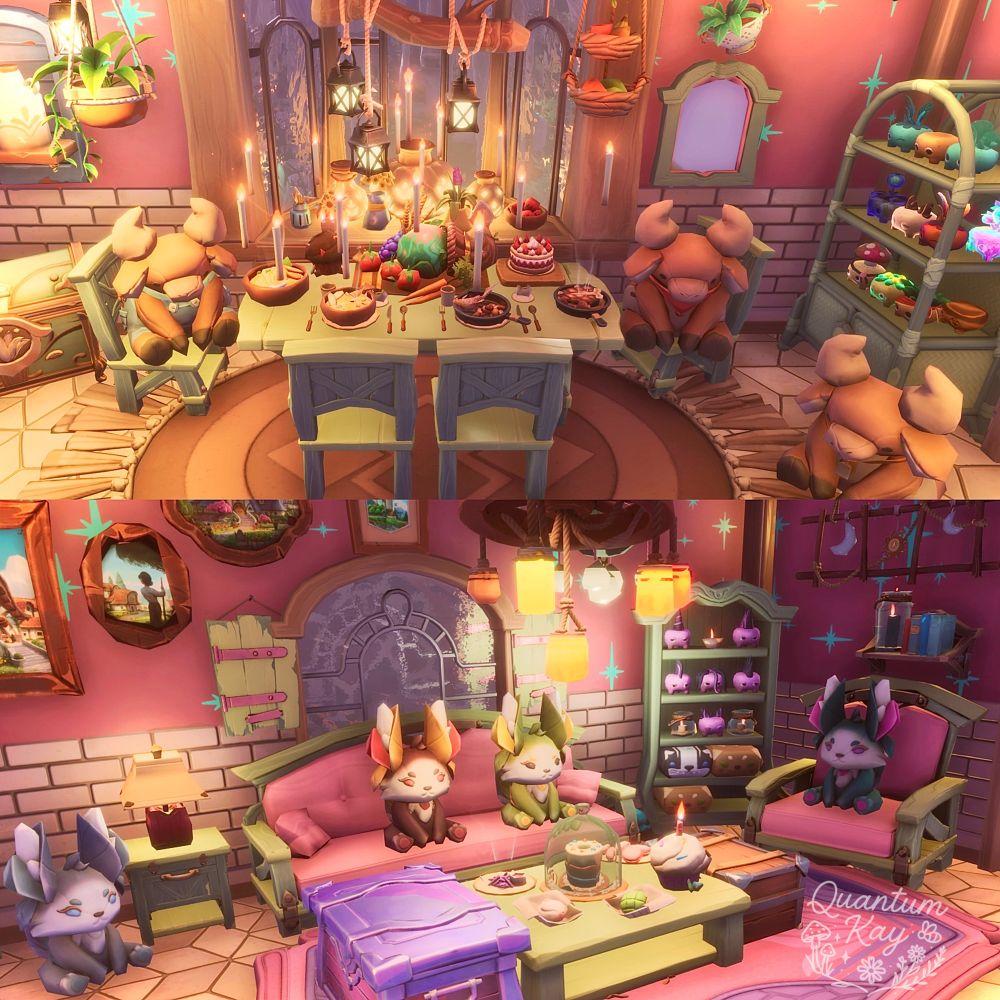 plushies gathering around the dinner table to celebrate a delicious shared meal, bottom photo includes some cuties enjoying sweet treats together 