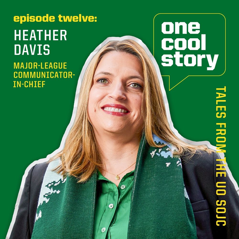 Promotional image for episode twelve of the 'One Cool Story' podcast, featuring Heather Davis, CEO of the Portland Timers, smiling in a green jacket against a lime green background.