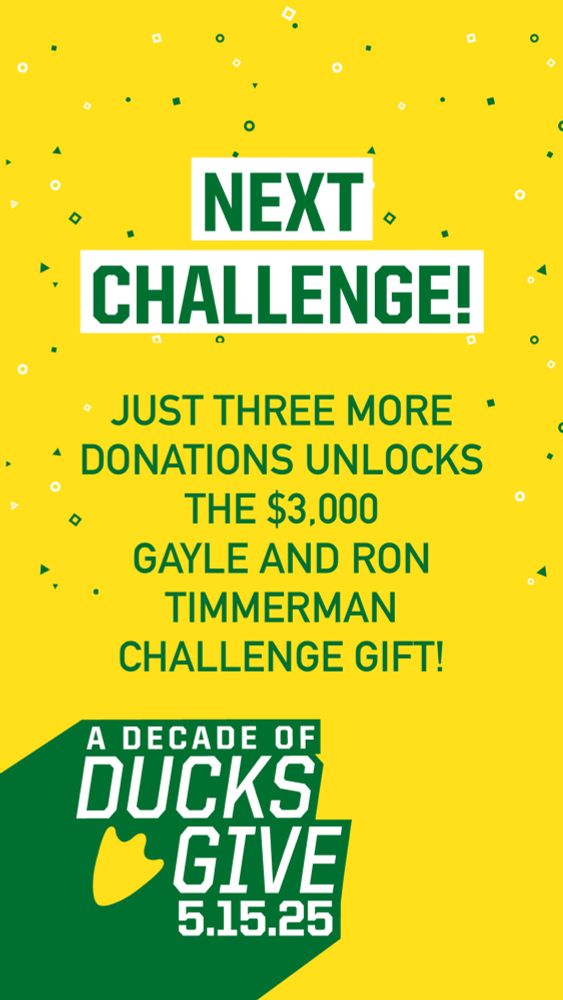 A graphic that reads “NEXT CHALLENGE!
JUST THREE MORE DONATIONS UNLOCKS THE $3,000GAYLE AND RON TIMMERMAN CHALLENGE GIFT!”
