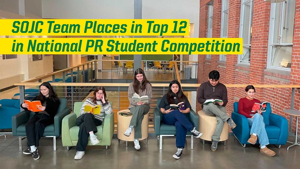 Six students from SOJC Team seated in a row reading books, who earned a top 12 placement in a National PR Student Competition.