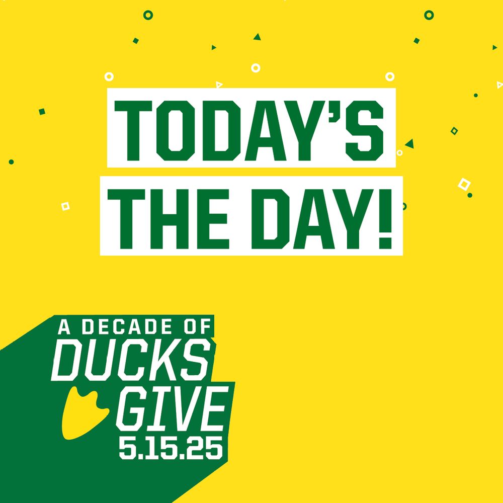 Promotional graphic for "Ducks Give," featuring bold text "Today's the Day!" on a vibrant yellow background with confetti and a corner banner stating "A decade of Ducks Give 5.15.25.