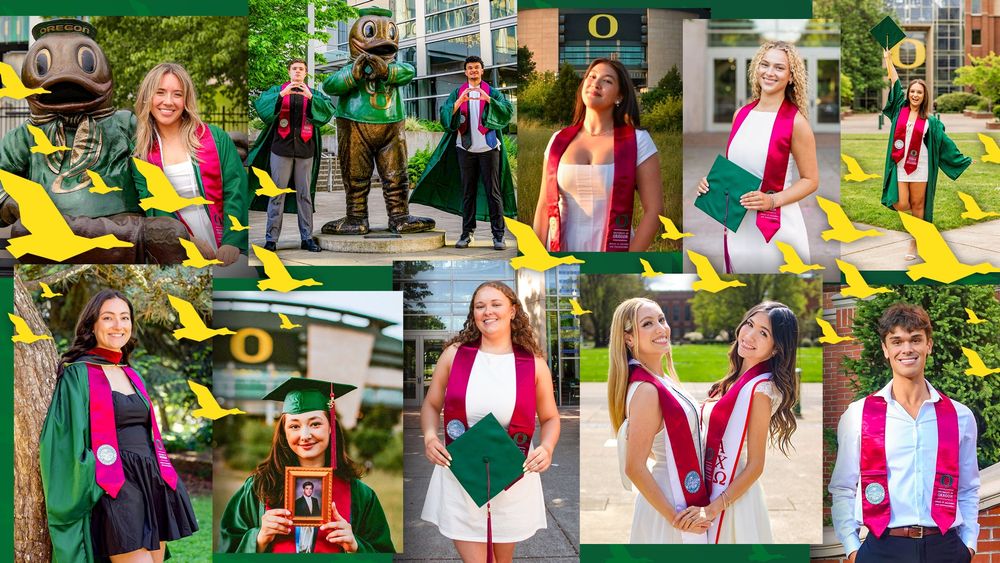 A collage of graduation portraits at the University of Oregon, featuring students in caps and gowns, some posing with the university's duck mascot statues. Several photos depict students holding diplomas, with the university's "O" logo prominently displayed.