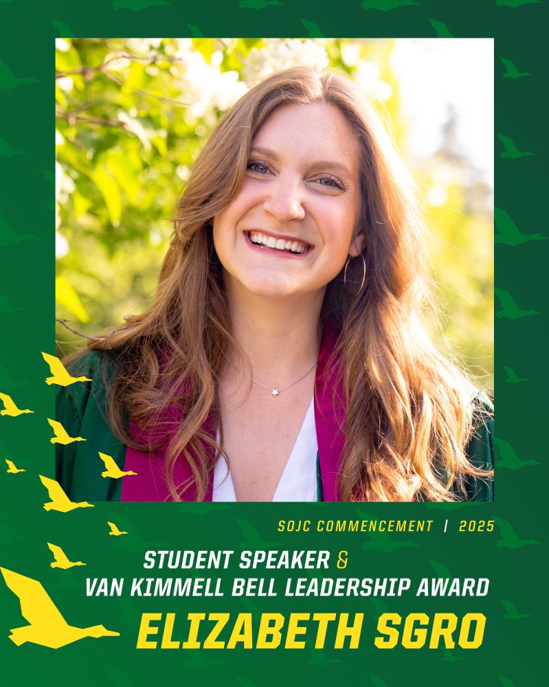Portrait of Elizabeth Sgro, the student speaker and recipient of the Van Kimmel Bell Leadership Award at the SOJC Commencement 2025, smiling in front of green foliage with decorative yellow and green borders.