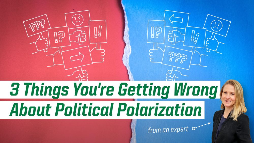 Promotional graphic titled "3 Things You're Getting Wrong About Political Polarization" featuring a split background with red on the left and blue on the right, adorned with various icons symbolizing speech and questions. An expert is pictured on the right side.