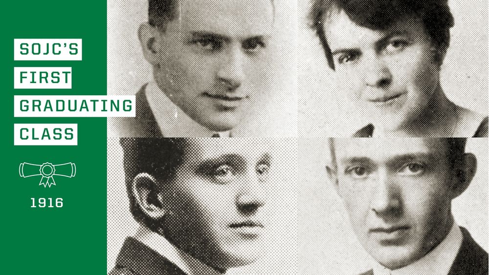Composite image of SOJC's first graduating class of 1916, featuring portraits of four individuals with a banner and date at the bottom. The four-person class included (clockwise): Merlin Batley, Grace H. Edgington (a Hall of Achievement honoree), Wallace C. Eakin, and Henry Heidenreich.