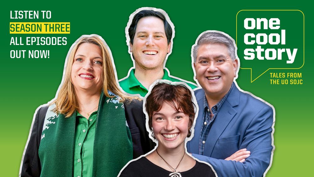 Promotional image for 'One Cool Story' podcast Season Three, featuring four smiling guests in front of a green background with the text 'Listen to Season Three, All Episodes Out Now!'