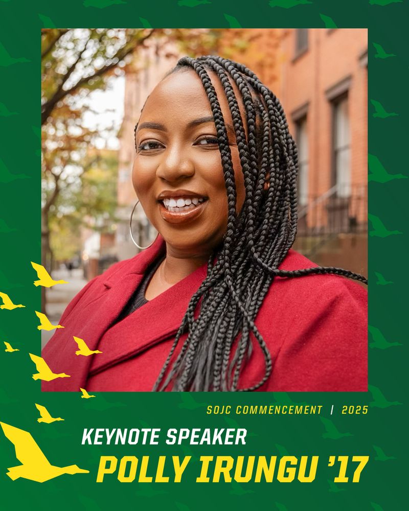 Keynote speaker Polly Trungu '17 smiles warmly, wearing a red coat, standing before a tree-lined street. Graphic includes text for SOJC Commencement 2025 and decorative yellow duck silhouettes.