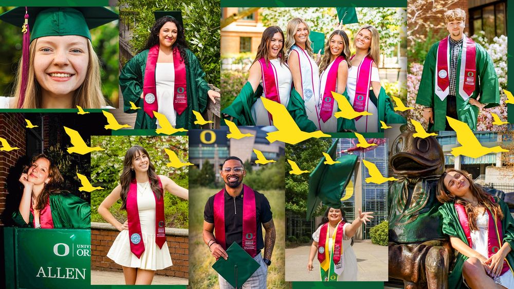 Collage of University of Oregon graduates celebrating in caps and gowns, featuring individual and group poses with joyful expressions, some interacting with a statue and others holding graduation caps.