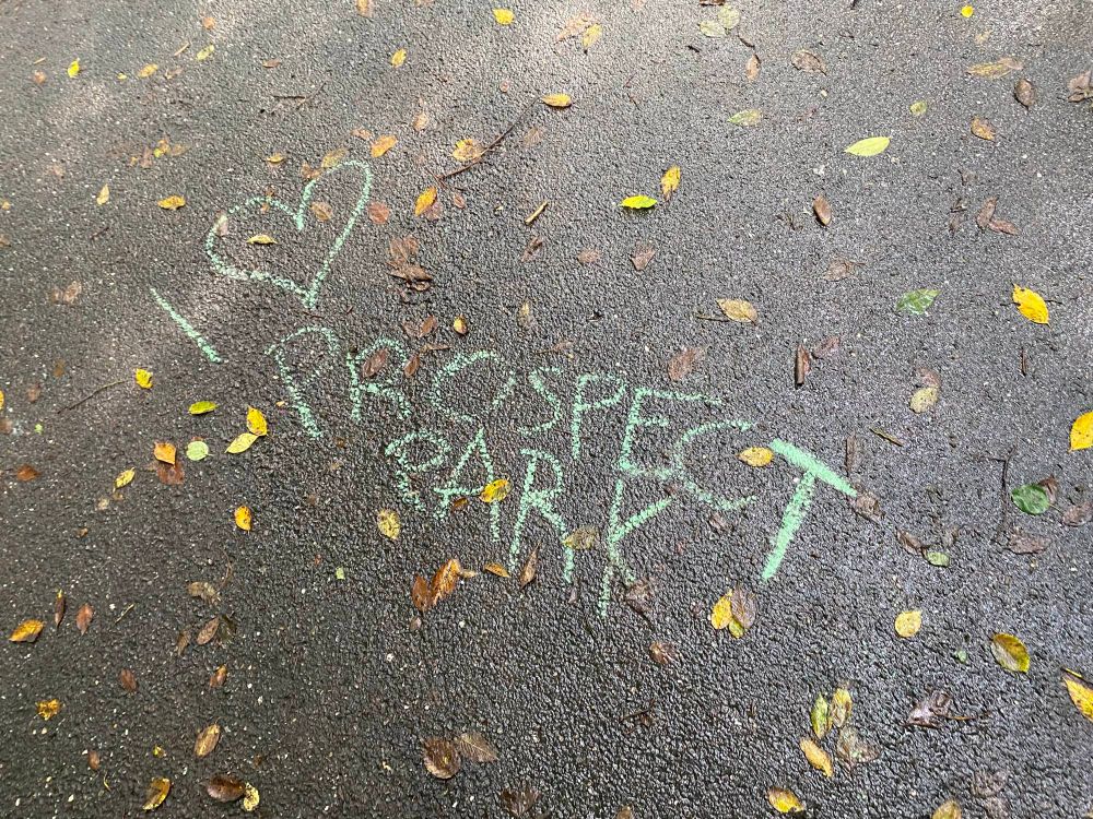 Green chalk words that say I heart Prospect Park” on black cement with yellow leaves scattered across it. 