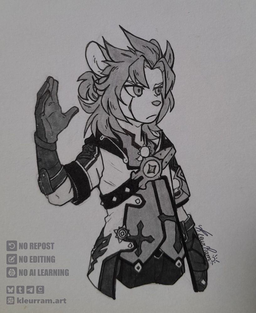 Um personagem furão humanoid com o cabelo e roupa do personagem Albedo de Genshin Impact