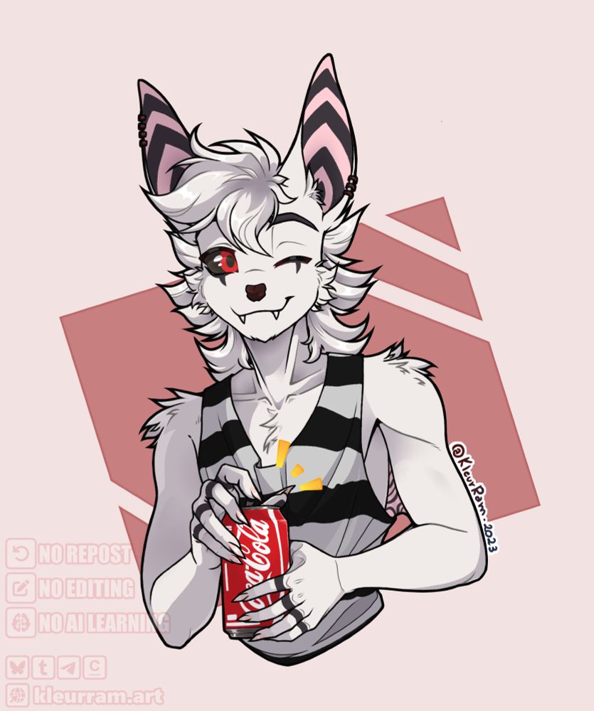 A white anthropomorphic bat smiling while opening a can of Coca-Cola. Its sharp teeth show in a relaxed grin. The bat holds the classic red-and-white Coca-Cola can, with the logo clearly visible. The background is simple to keep focus on the character