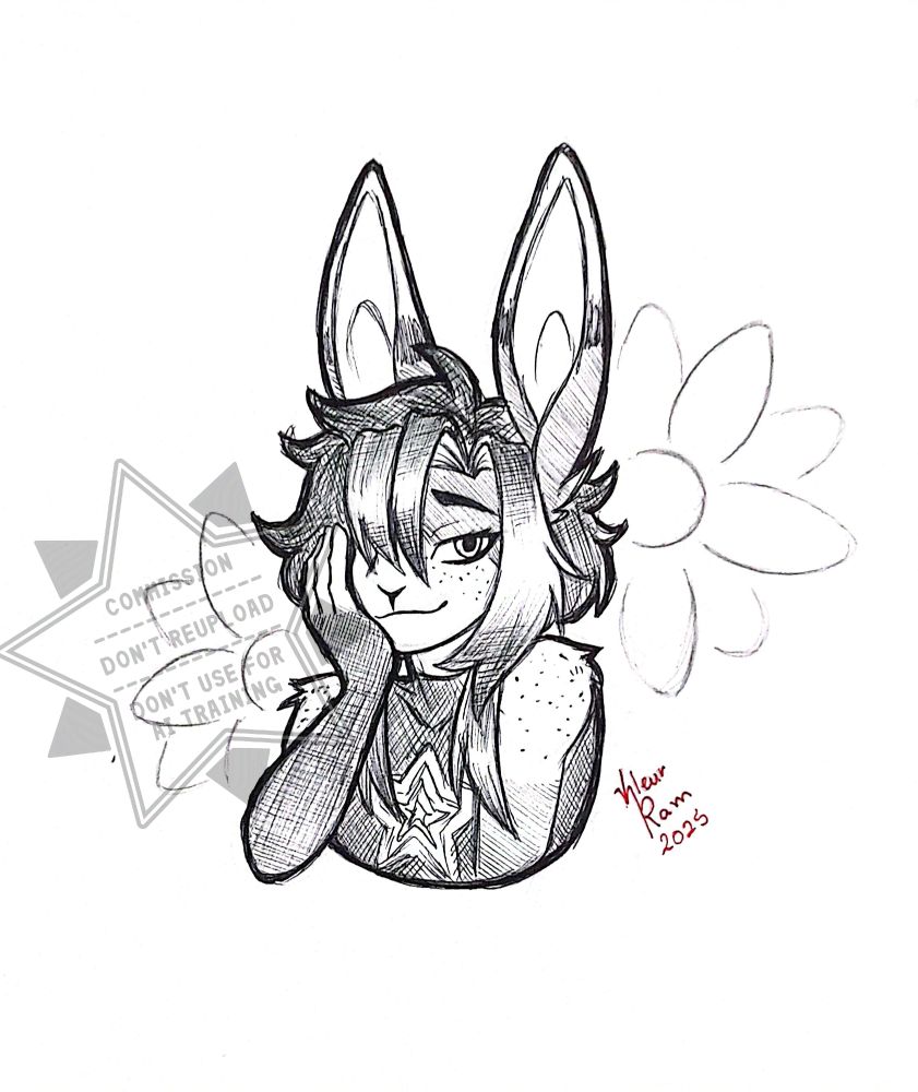 anthropomorphic bunny character from the chest up, looking at the viewer with a slight smile and one paw resting on its cheek