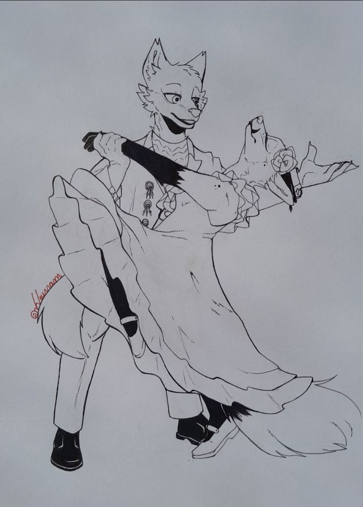 A lineart drawing of two anthropomorphic foxes in a dance dip
