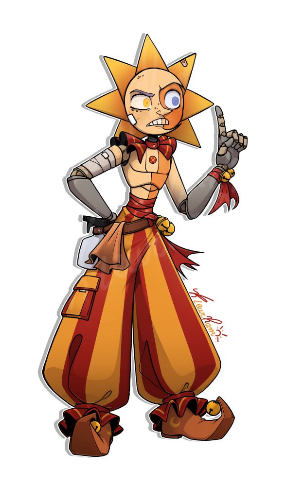 He is a tall and slender animatronic, with a design that blends elements of a theater puppet and a daycare attendant. His body is thin and articulated, made of a shiny material resembling plastic or painted ceramic. His dominant color is a vibrant yellow, like the sun, with details in shades of orange and white.
