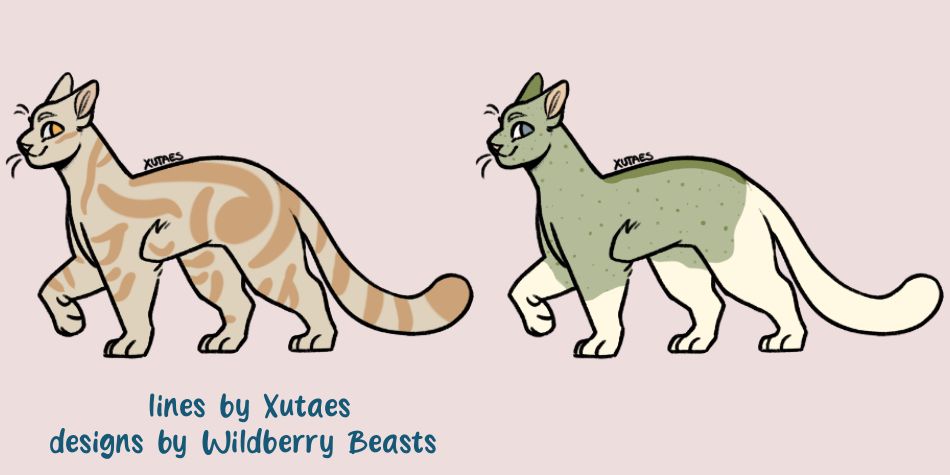 Two cats on a light red background. The first cat is cream with orange-brown tabby markings and an orange eye. The second cat is pale green with darker green spotted markings and a pale blue eye, also has sock markings on all four feet with the back ones extending up and covering the tail. Bottom left corner reads “lines by Xutaes designs by Wildberry Beasts