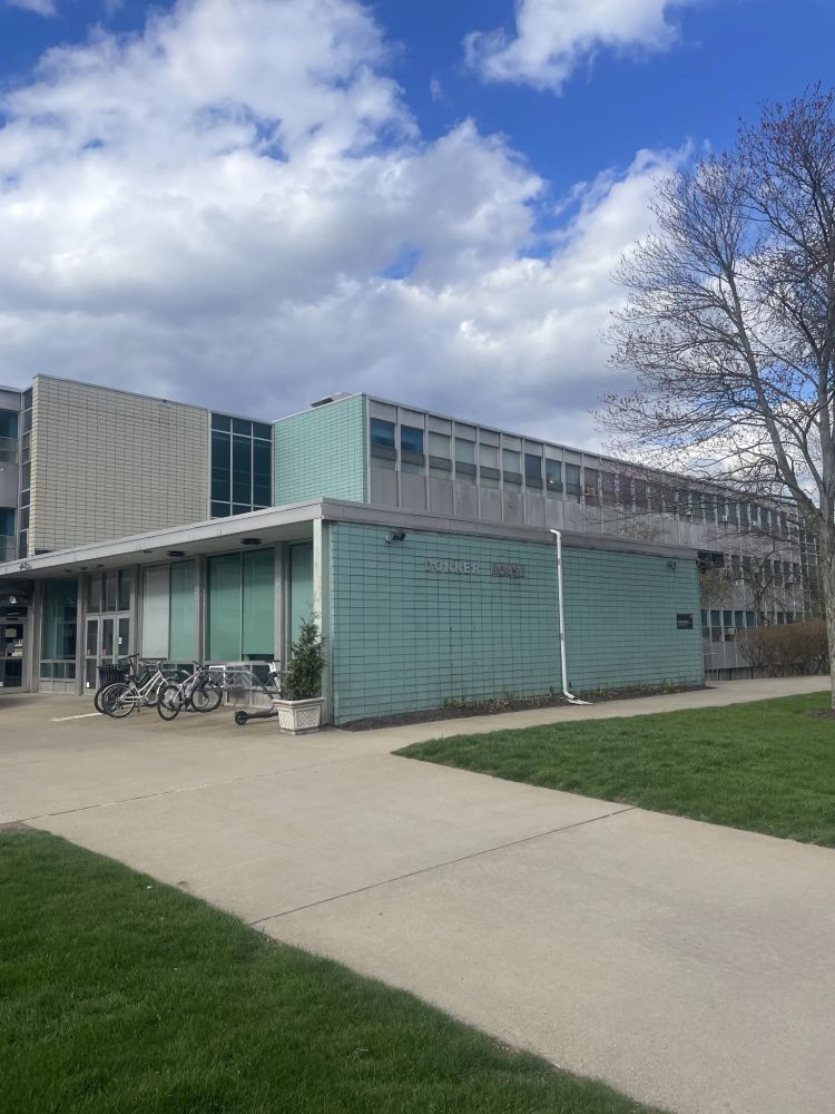 Donner House at Carnegie Mellon University. Midcentury dorm with turquoise glazed tile, buff glazed tile, and lots of aluminum & glass.