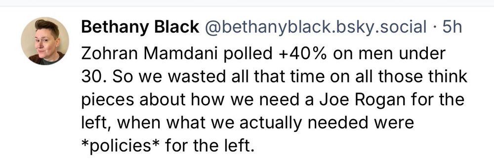 Screenshot of a Bluesky post by Bethany Black (@bethanyblack.bsky.social), timestamp “5h.” A small headshot shows a short-haired person on a white background. Post text: “Zohran Mamdani polled +40% on men under 30. So we wasted all that time on all those think pieces about how we need a Joe Rogan for the left, when what we actually needed were policies for the left.”

