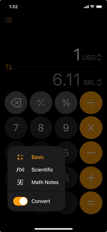 iOS calculator with a new menu open showing the calculator options of Basic, Scientific, Math Notes, and the toggle to Convert currency.