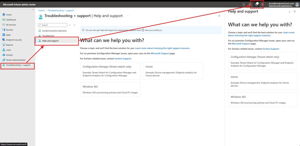 Intune admin center focused on Tenant Administration > Troubleshooting & support with the Support Assistant blade on the right.