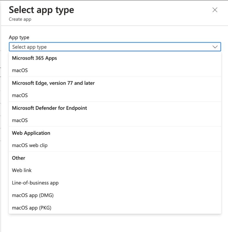 Microsoft Intune admin center focused on the Select app type drop down, showing the macOS app types available to deploy via Intune