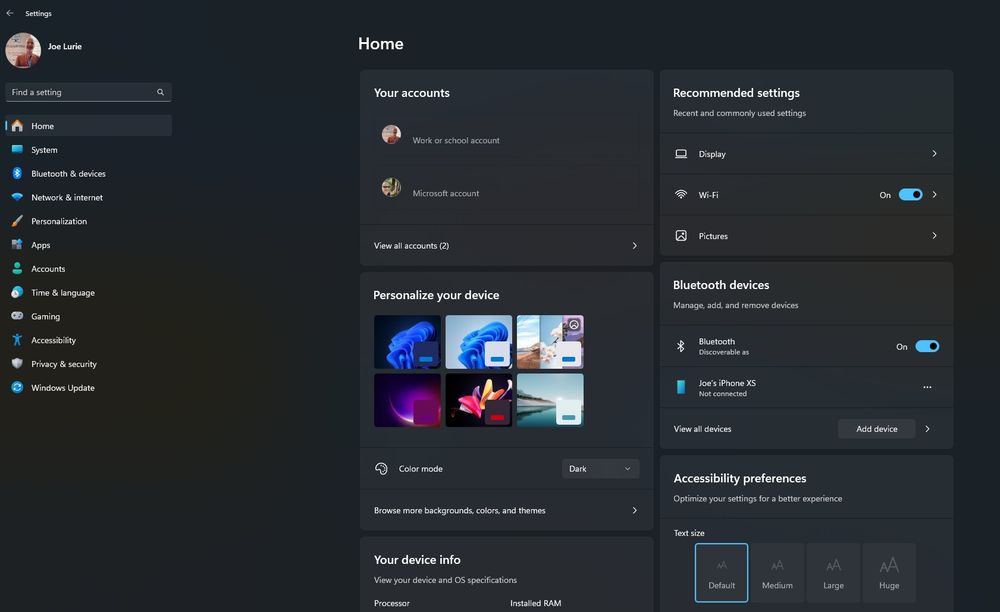 Windows 11 Settings ap focused on the Home blade. showing tiles of information