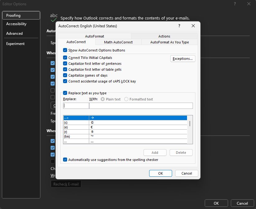 Microsoft Outlook editor options dialog box