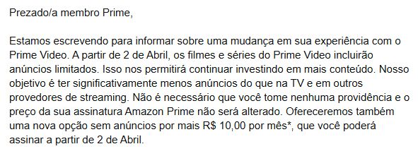 print de e-mail comunicando que a Prime Video passará a colocar anúncios durante os filmes