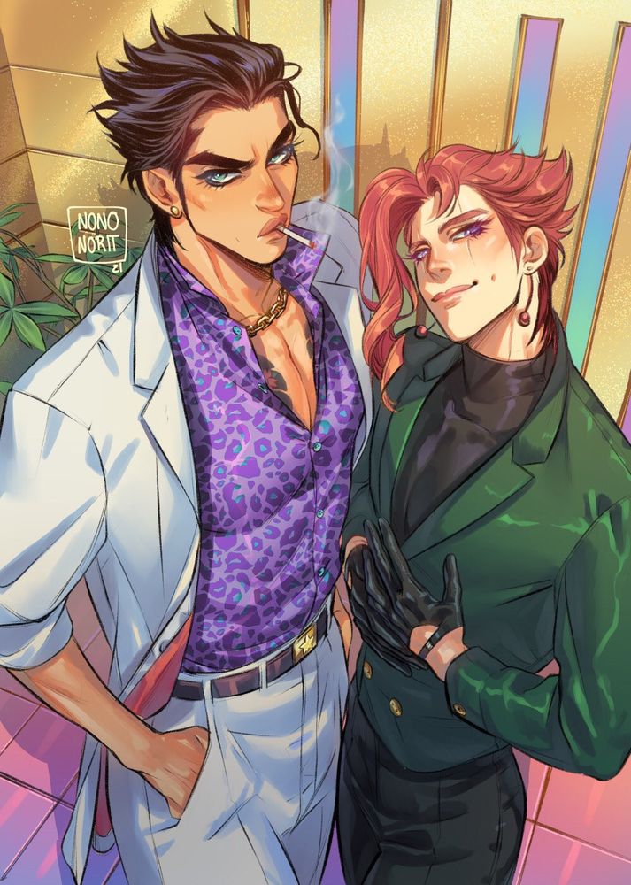 (JJBA fanart) Jotaro and Kakyoin in 80s flashy clothes. Joot is the wakagashira of the Joestar clan, Kakyoin is his trusted bodyguard.