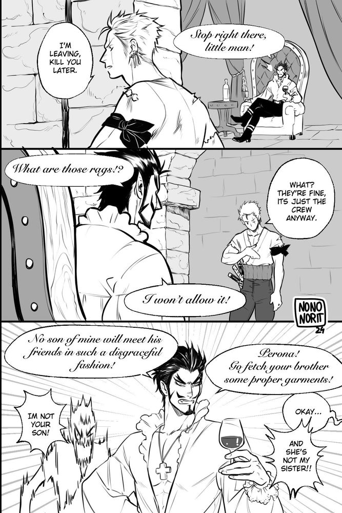 Zoro is ready to leave to Sabaody after the two year time-skip, dressed in drags. Mihawks stops him and demands he gets changed into proper clothing, being all dad.