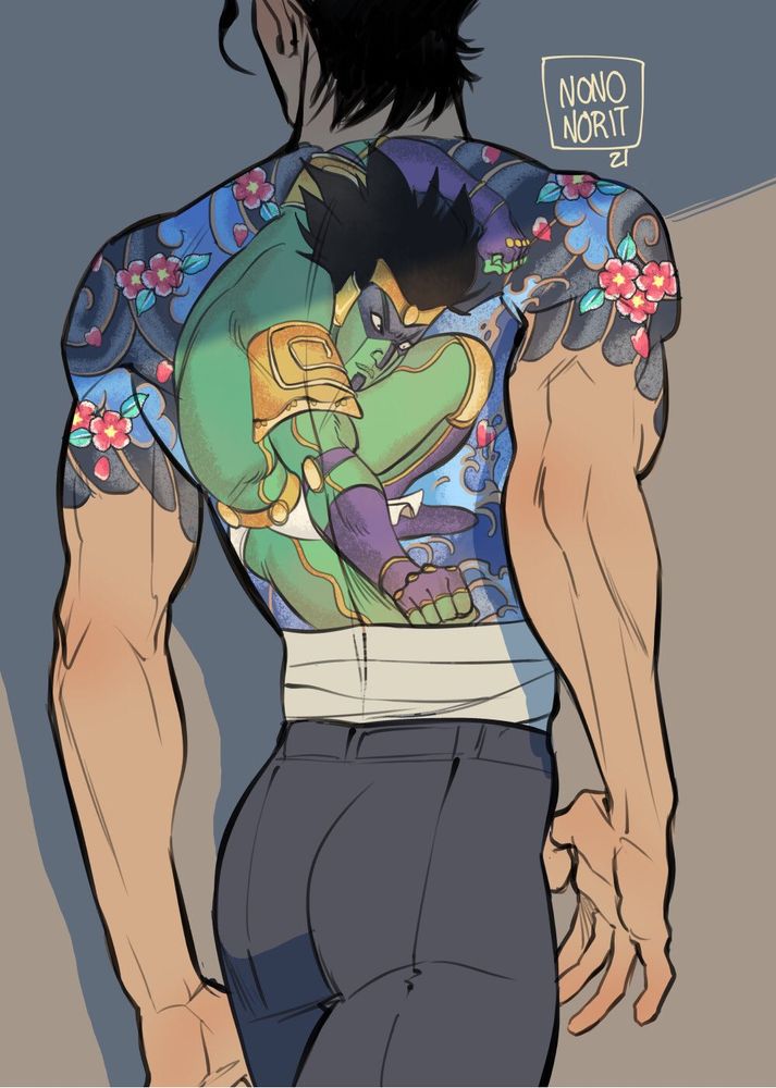 Back view of Jotaro, without shirt. His irazumi style is visible, he has sakura flowers and the main motif is Star Platinum.