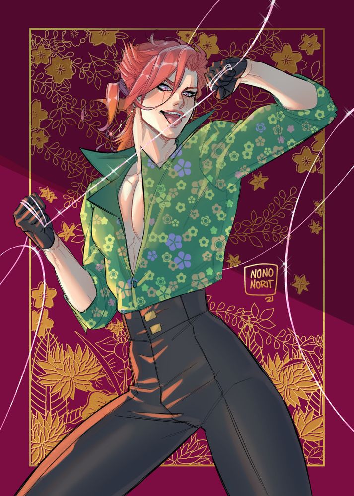 Kakyoin in similar clothes as previous, holding a piano chord he uses for assassination.