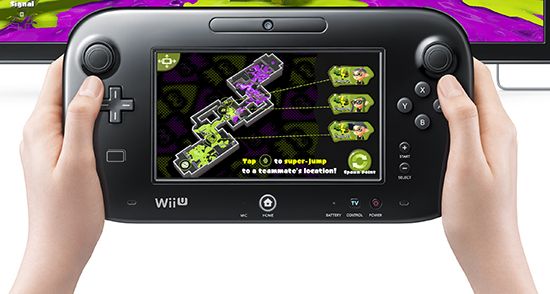 A promotional image of the first Splatoon game running on the Wii U GamePad, showing the minimap in a multiplayer battle.