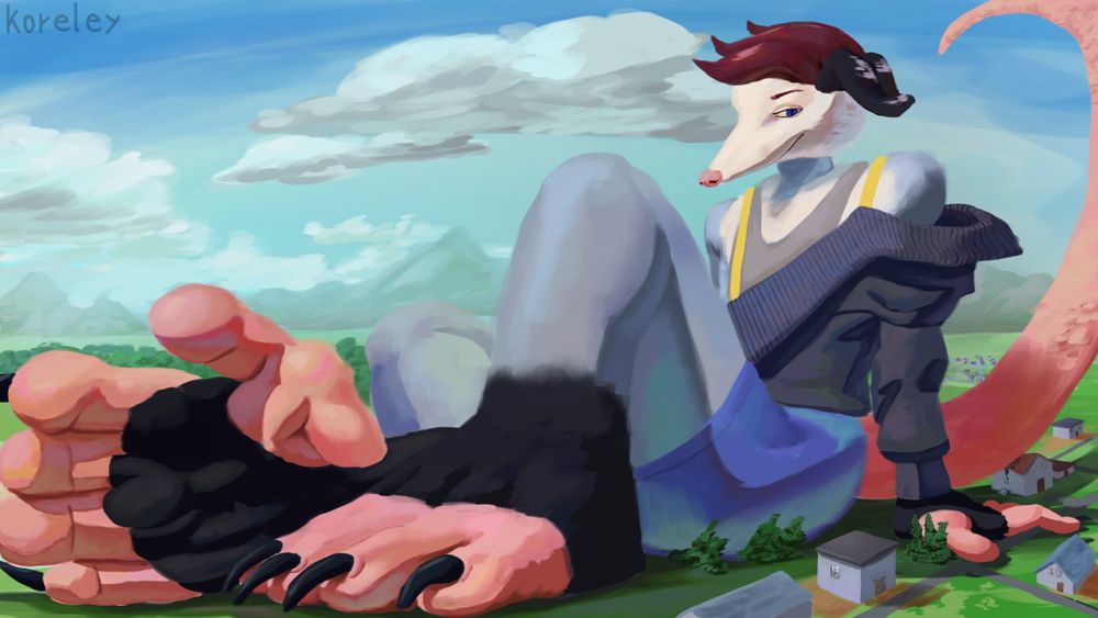A giant anthropomorphic opossum that's sitting on top of a village in the mountains. He's smirking and showing off his huge paws to the camera.