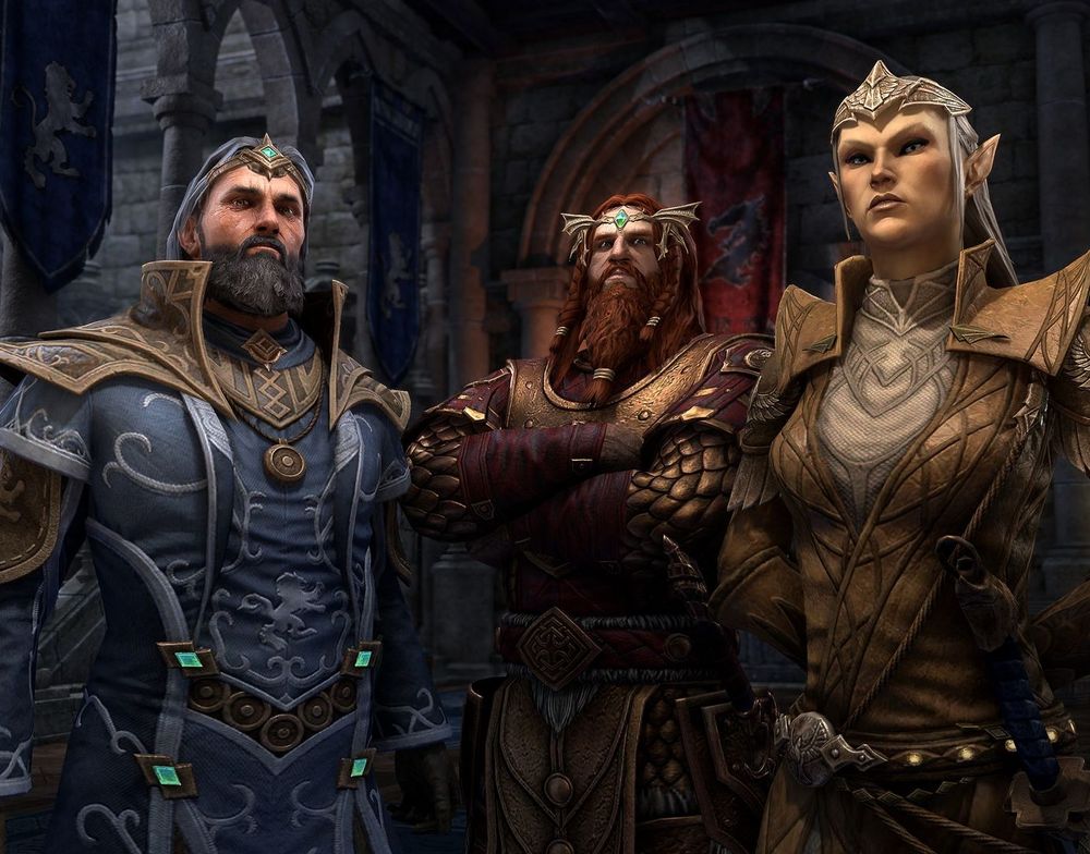 The three Alliance leaders, Emeric, Jorunn, and Ayrenn, stand solemnly in a keep.