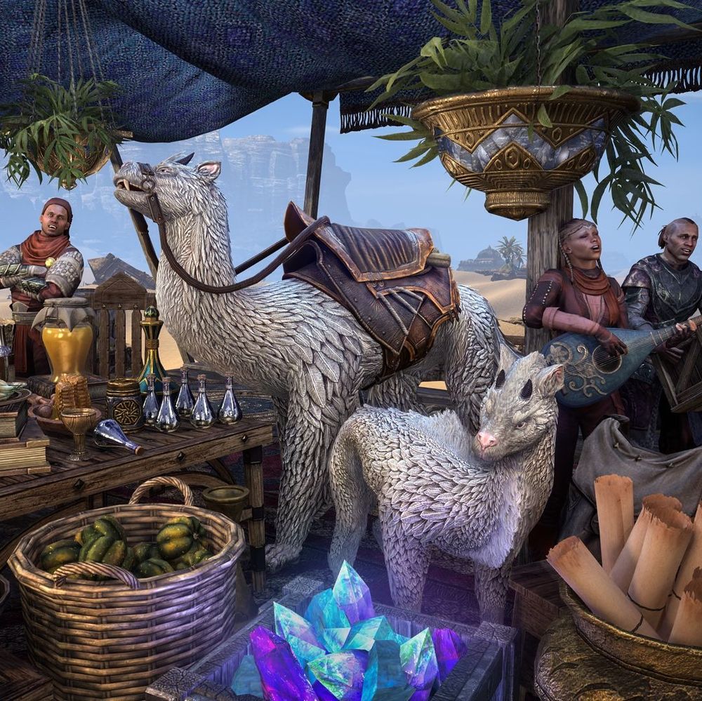 Tamrielic adventuring goodies surround the Chalk-White Brekka Mount and Calf Pet.