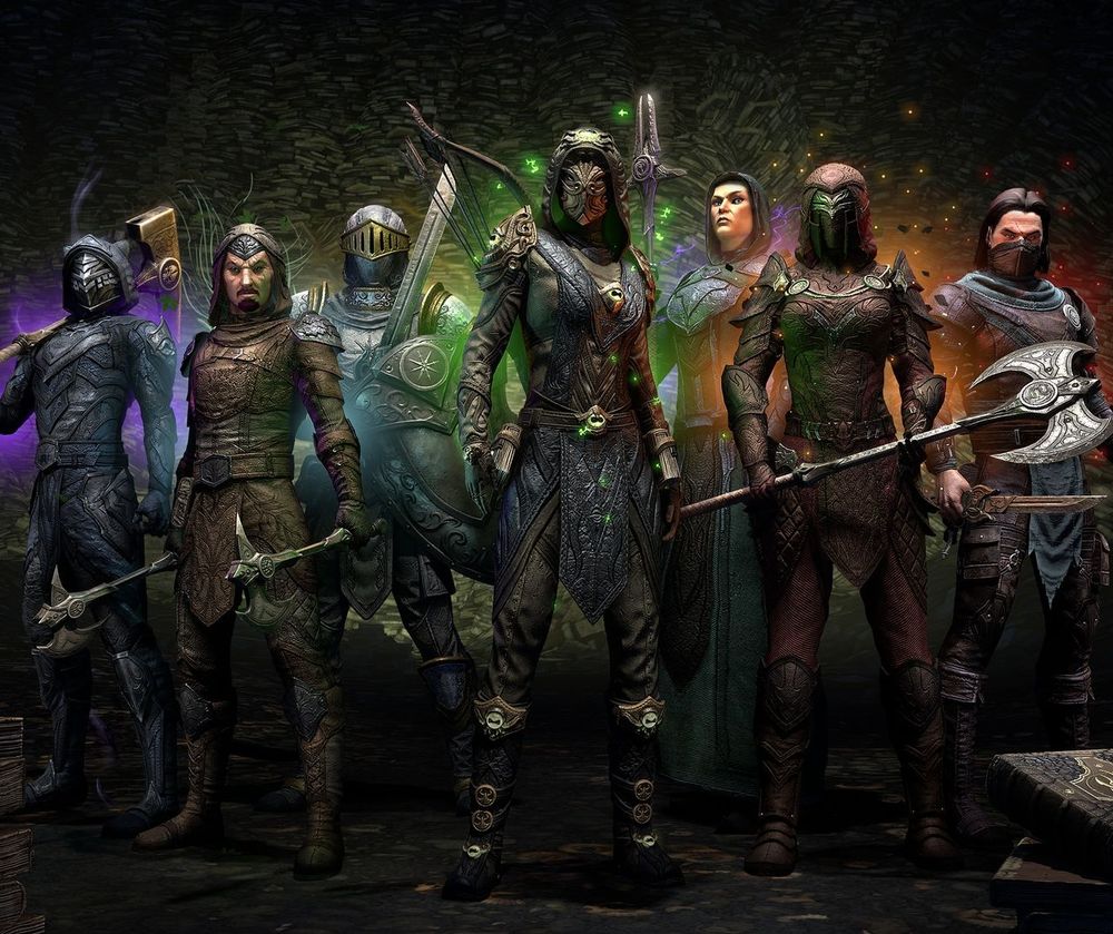The classes of Tamriel stand together, clad in their class sets. 