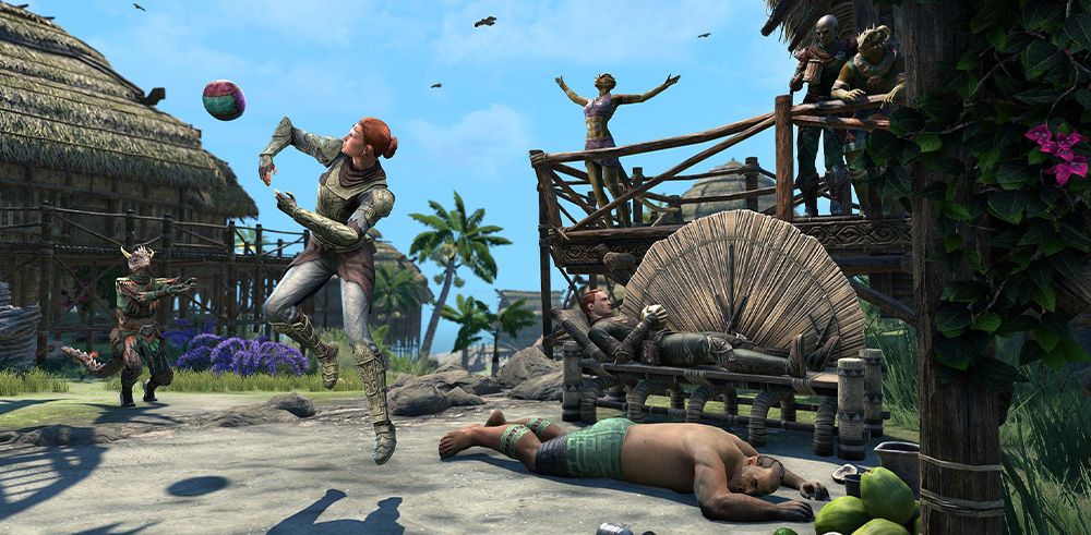 An Argonian and Breton bump a beach ball back and forth. An Orc suns themself on the beach. An Argonian raises their arms toward the sun.