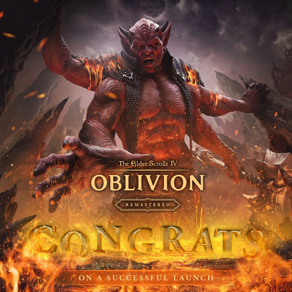 The graphic depicts Mehrunes Dagon with a hand outstretched. The text reads: The Elder Scrolls IV: Oblivion Remastered. Congrats on a successful launch