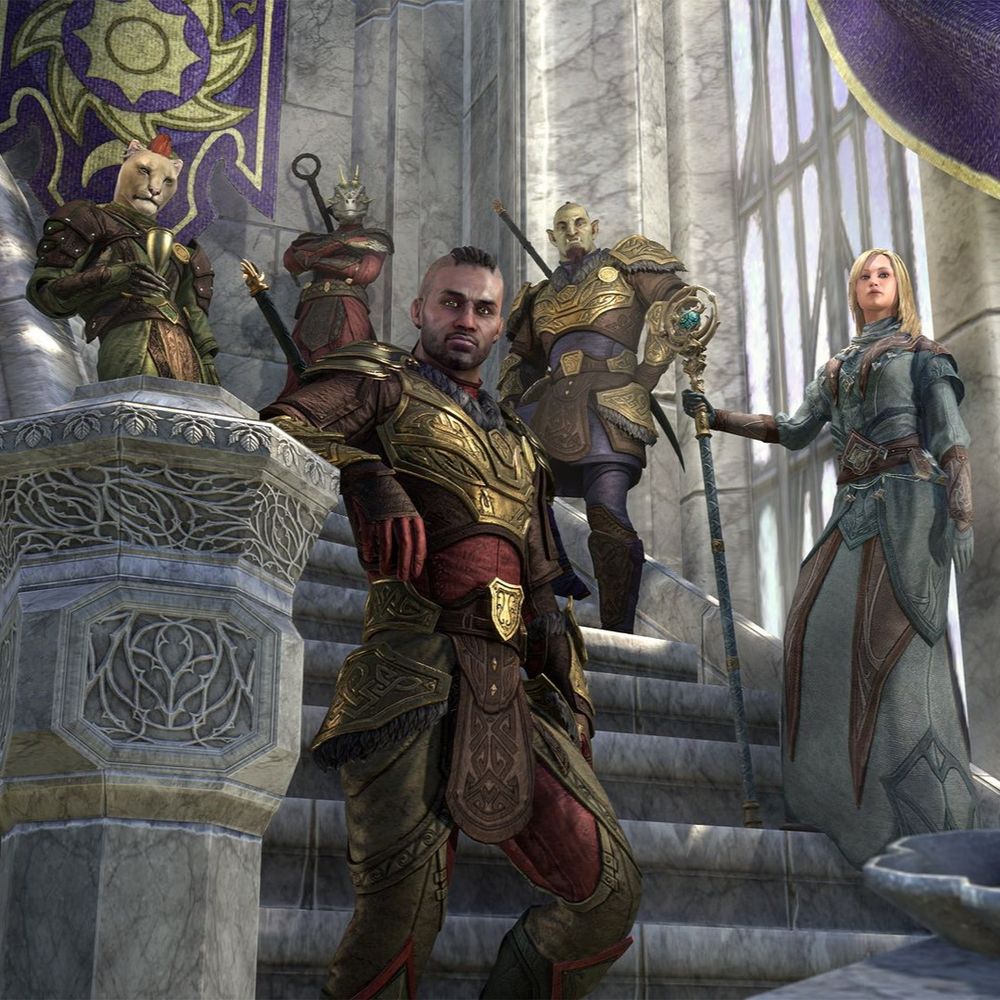 
Prince Azah, Gabrielle Benele, Skordo the knife, Walks-in-Ash and Razum-dar stand on a marble staircase.