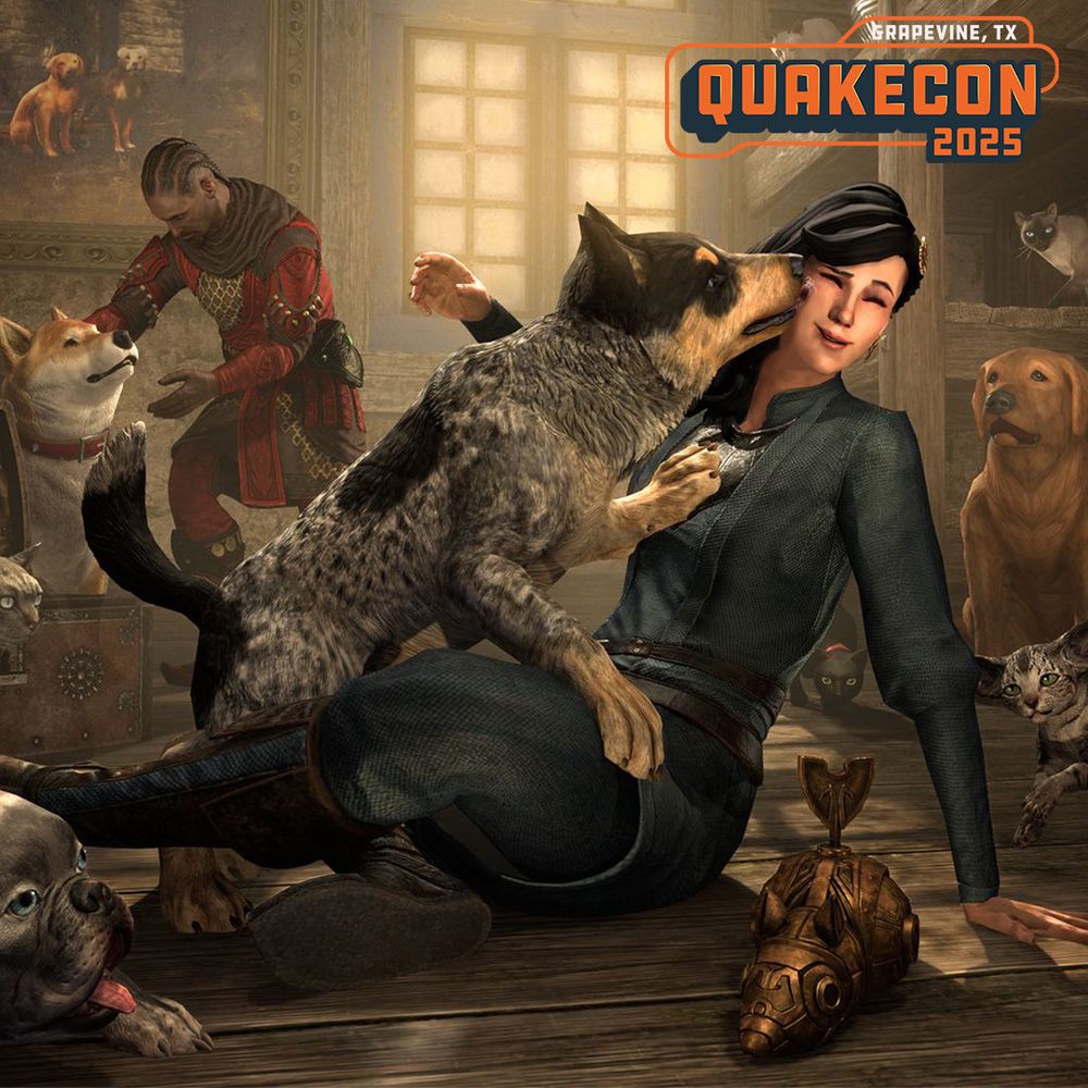 An adventurer sits amongst adoptable animals, as a pup licks her cheek. 